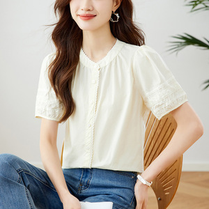 Chemisier en dentelle à col rond et manches courtes, Nouvelle collection été 2026, Style doux et chic - Product Image 2
