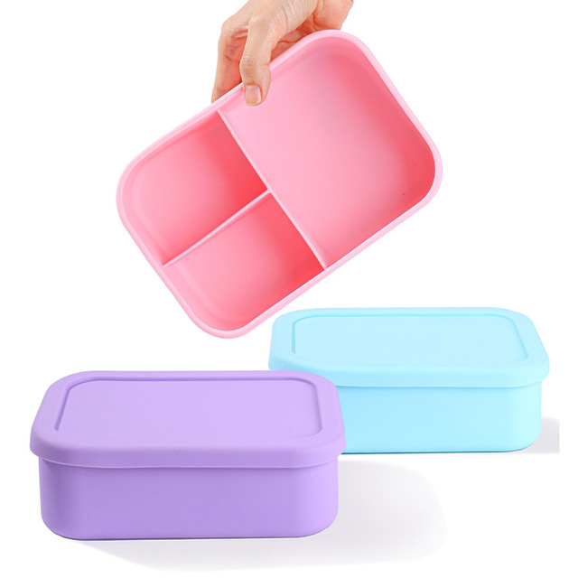 Best Seller Pure Food Grade Silicone 3 Compartment Lunch Box for Kids Microwave Bento Oven Safe Kitchen Food Storage & Container