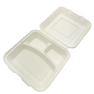 100% 10 "Três Compartimento Biodegradável Togo Caixa Food Takeaway Atacado Sugarcane Bagasse Lunch Box