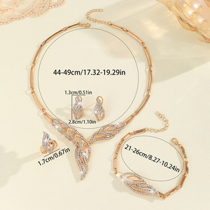 Venta caliente joyería de moda elegante diamante chapado en oro hoja collar pendientes anillo pulsera encanto conjunto de joyas