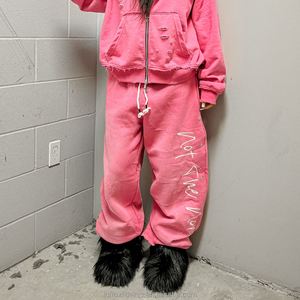 Streetwear vintage avec logo brodé sur mesure Pantalon de survêtement baggy double taille en coton lourd délavé à l'acide avec strass en cristal - Product Image 2