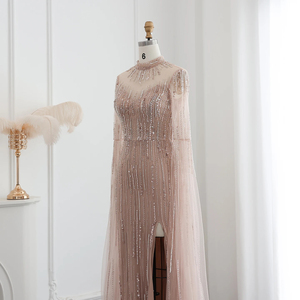 Vestido de Noche Elegante con Abertura Lateral Estilo Sirena para SZ170, Manga Corta, Apliques de Lentejuelas de Cristal 3D, Cintura Natural, para Fiesta - Product Image 4