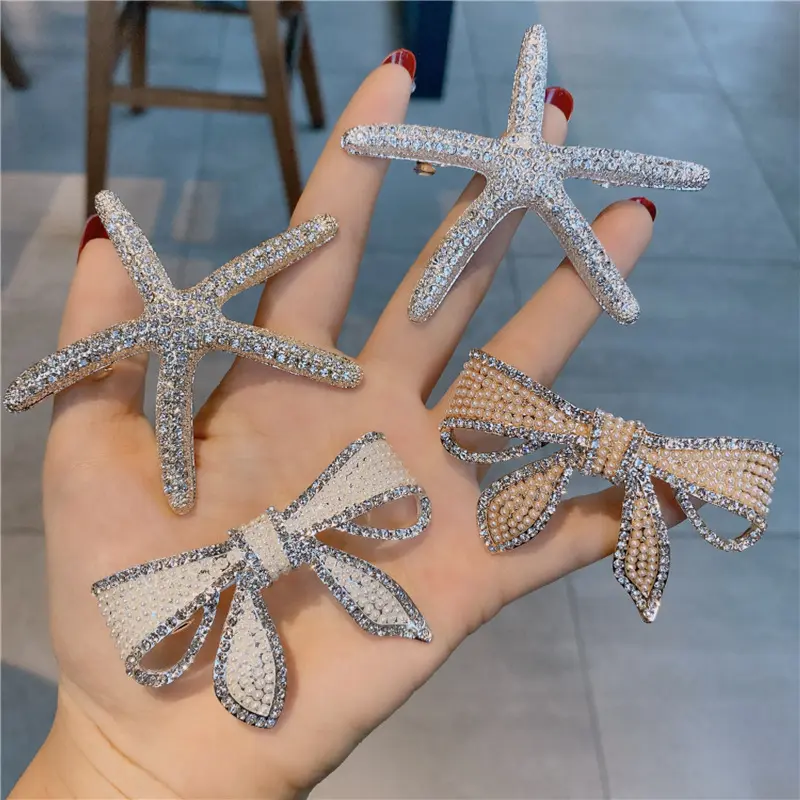 Fashion Luxury Rhinestone Barrettes Accessories Cute Gold Silver Starfish Bow Hairpins Bling Pearl Hair Clips For Women Girls