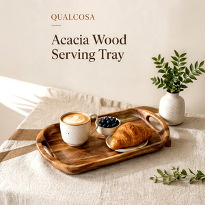 Plateau de service ovale moderne en bois d'acacia avec poignées, motif végétal, pour anniversaires, mariages, usage domestique, hôtelier et de restauration - Product Image 1