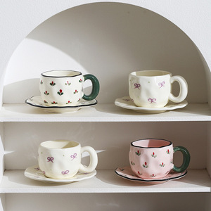 Tazas de Cerámica con Diseño de Flores y Corazones, Lindas y Hechas a Mano, para Agua, Leche, Jugo, Café, con Platillo, para el Té de la Tarde - Product Image 4