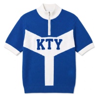 Pull jacquard tricoté à col quart zippé pour homme, motif géométrique simple rayé bleu et blanc brodé 'KTY', ODM/OEM