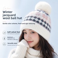 Herbst/Winter Damen Kunstfell Jacquard Strickmütze Modische Nerz-Effekt Warme Mütze Fleece-Gefüttert Verdickt Schneeflocken-Design für Erwachsene