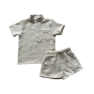 Chemise en mousseline imprimée pour bébés et enfants unisexe d'été personnalisée avec col mandarin chemises à manches courtes avec poche poitrine