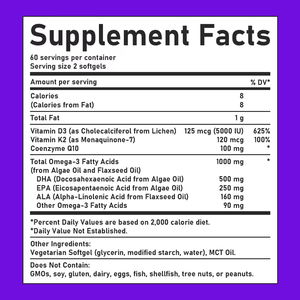 Gélules végétaliennes d'oméga 3 de haute qualité avec vitamine K2 pour soutenir la santé cellulaire, la fonction immunitaire et la fonction cérébrale – Compléments en gélules - Product Image 2