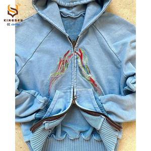 Custom Hoodies High Quality Men 100% Cotton Breathable Vintage Distressed Finish Washed Printing Embroidery Zip-Up Jersey Hoodie - Product Image 5