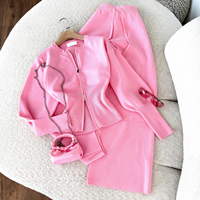 Ensemble 2 pièces en tricot pour femme : Cardigan zippé et jupe midi, ensemble pull en tricot uni, OEM ODM, vente en gros pour boutique de vêtements en ligne