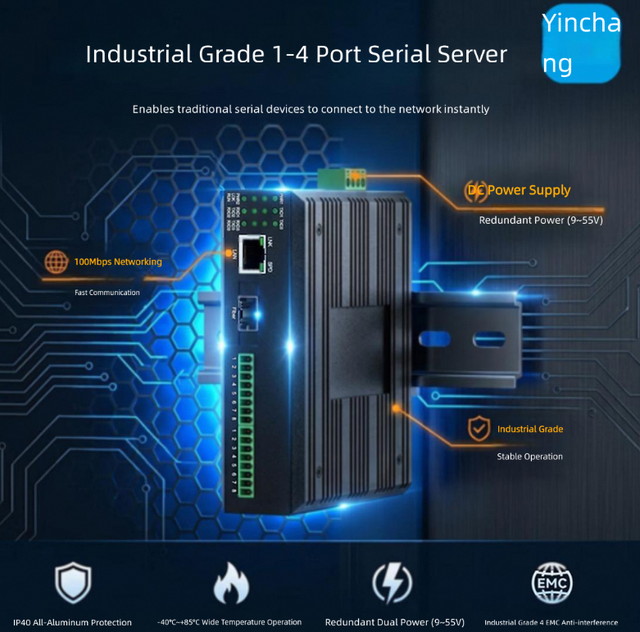 Yinchang Industrial 1-4 Port Serial Server RS232/485/422 to Ethernet DIN-Rail Serial to Ethernet Modbus GatewayDC9-48V DualPower