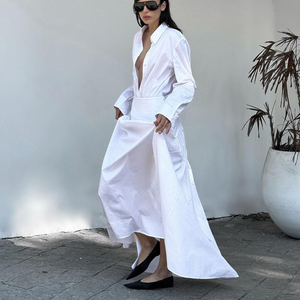 Abito a camicia lunga da donna con bottone a manica lunga in cotone bianco Maxi 2025 estivo da donna - Product Image 1