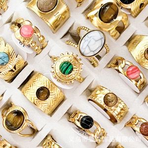Vintage Style French Natural Stone Stainless Steel <b>Ring</b> 18k Gold Plated <b>Ring</b> Cz Zircon Mix Bulk Gemstone Opening <b>Adjustable</b> <b>Ring</b> - Product Image 3