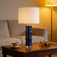 Lampe de lecture décorative LED pour salon, chambre à coucher, lampe de bureau bleue en forme de bambou, base en céramique, abat-jour en tissu, lampe de table
