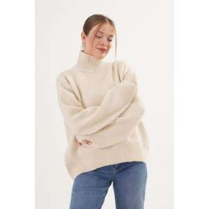 Soft Beige Half <b>Turtleneck</b> Knit Sweater <b>Women</b> Casual Full Sleeve <b>Top</b> - Product Image 2