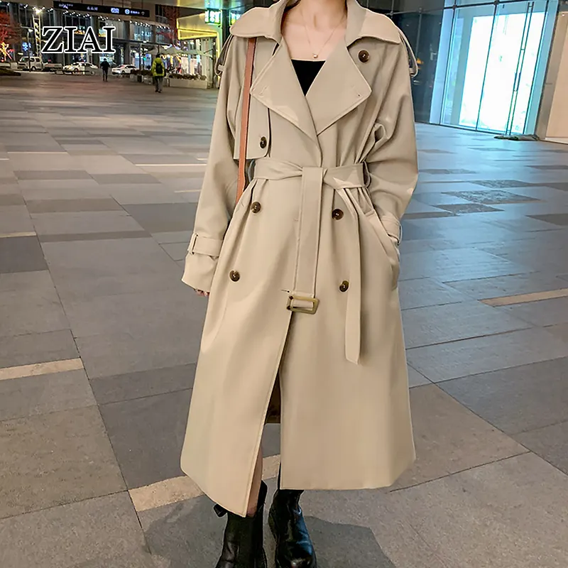 OEM High End Double Breasted Button Khaki Long Spring Ladies Coat with Belt