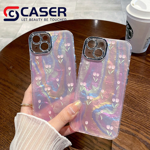 Custodia per telefono cellulare con pellicola di lusso colorata a conchiglia lucida per iPhone 15 e 14 simpatici tulipani con Design a forma di tulipano - Product Image 2