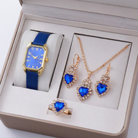 Set de Regalo de Reloj y Joyería de 5 Piezas, Collar, Aretes y Anillo con Cristales Azules y Corazón Dorado, Joyería al por Mayor para Mujer