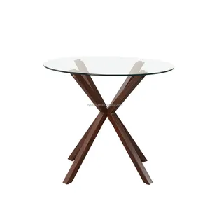 Mobili su misura casa sala da pranzo chiaro vetro temperato nordico rotondo tavolo da pranzo con gambe in legno in metallo