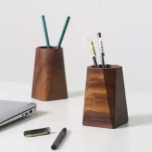 Quality Multifunction Solid Wooden Desktop Organizer box Pencil Holder Office Wood Round Pen Holder Storage Containers Custom