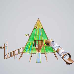 Tour d'escalade pour enfants en forme de cône sur le thème de la forêt, équipement de jeu extérieur avec pont en corde et toboggan, produits les plus vendus - Product Image 1