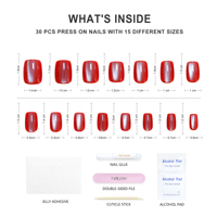 Nailway 30 pièces, 15 tailles, faux ongles à presser en acrylique de haute qualité, effet œil de chat brillant, couleur unie, couvrance totale, pour doigts, avec motifs, vente en gros