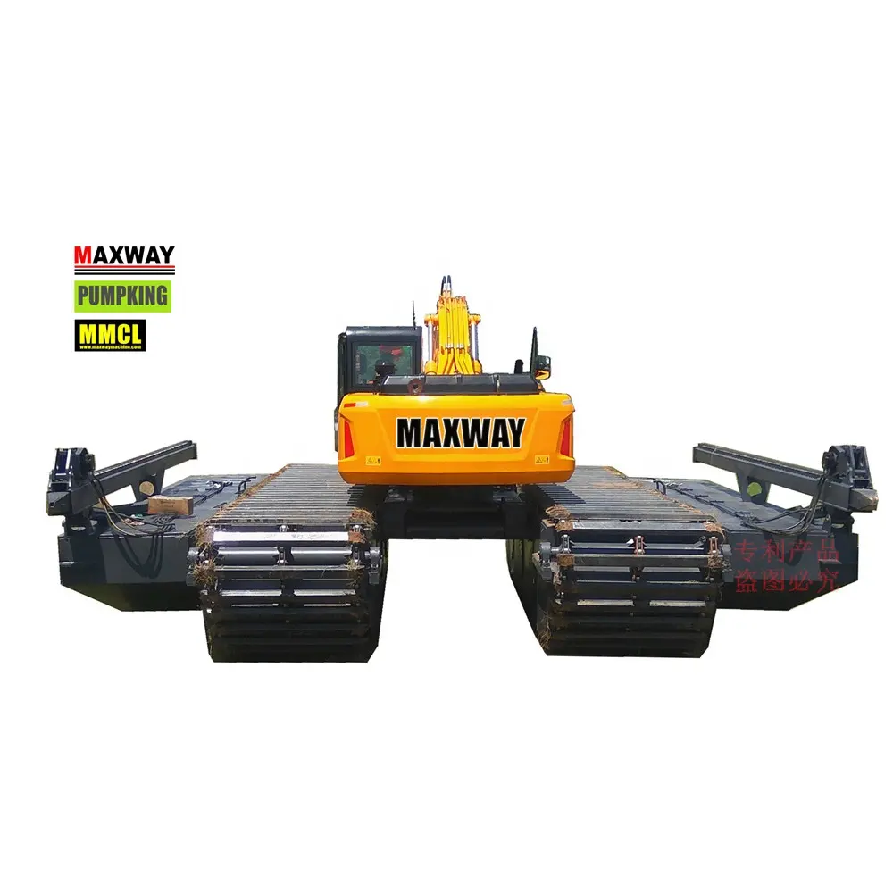 MAXWAY Amphibious Excavator with Side Pontoon and Hydraulic Spud , Additional Pontoon with Hydraulic Spud . CE , EPA , ISO