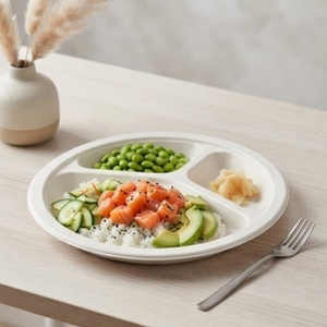 Assiettes de dîner jetables écologiques compostables en bagasse de canne à sucre à trois compartiments de 10 pouces pour les fêtes et la restauration - Product Image 2