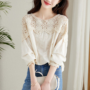 Camisa de encaje calado color albaricoque para mujer, <span class=keywords><strong>manga</strong></span> larga, nuevo diseño primavera 2026, top elegante de algodón puro - Product Image 3