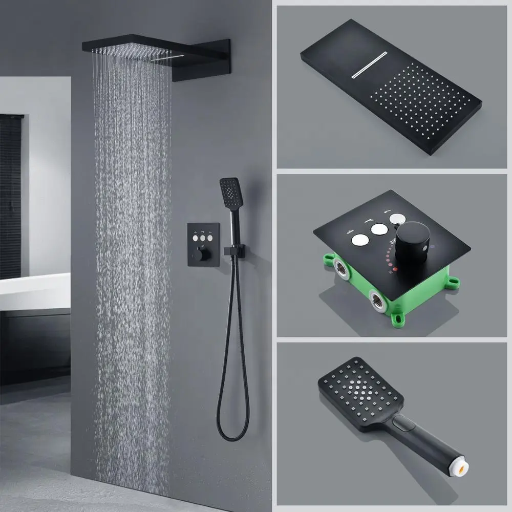 Cabezal de ducha de lluvia negro mate moderno Instalación en pared de acero inoxidable para duchas de baño para uso hotelero