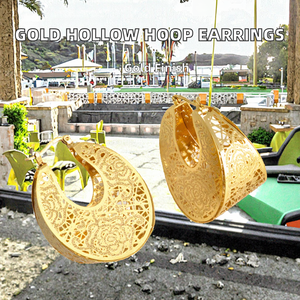 Pendientes de Aro Grandes de Aleación Chapados en Oro con Diseño Hueco de Luna Grabada, Joyería Clásica de Moda para Mujer, Set de Regalo Artístico - Product Image 2