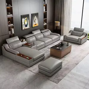 High-End Leather Sofa Combination Modern Living Room L-Shaped Sofa Set With Usb Villa Hotel Multifunctional Sofa