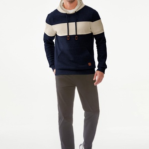 Casual <b>Waffle</b> Knit Pullover Hooded Sweatshirt Long Sleeve with Lightweight Drawstring Color <b>Block</b> and Embroidered Kanga Pocket - Product Image 6