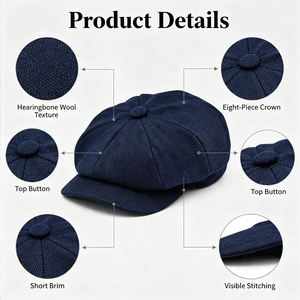 Casquette Gavroche Rétro en Laine pour Homme – <span class=keywords><strong>Béret</strong></span> Décontracté Tendance pour l'Extérieur – Chapeau Gavroche Uni à 8 Panneaux en Chevrons pour Homme – ODM/OEM - Product Image 3