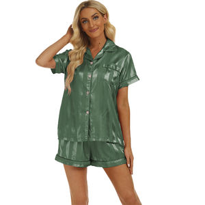 Ensemble de pyjama d'été pour femmes en satin à imprimé rayé respirant, haut à manches courtes et short à taille élastique, ensemble de vêtements de maison en 2 pièces - Product Image 2