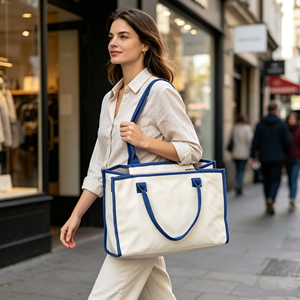 Sac fourre-tout en toile blanche avec logo personnalisé et fermeture éclair, sac de shopping personnalisable OEM/ODM - Product Image 4