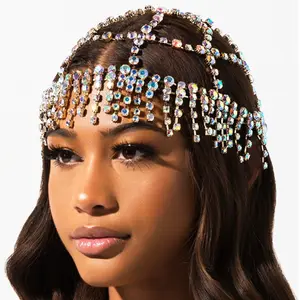 Luxury Rhinestone Forehead Headpiece Tassel Bridal Head Chain for Women Handmade AB Crystal Hair Pieces Headwear Accessories Hat