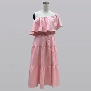 high quality custom fashion one shoulder ruffles short sleeve lace-up linen solid pink mini dress elegant girl casual dresses