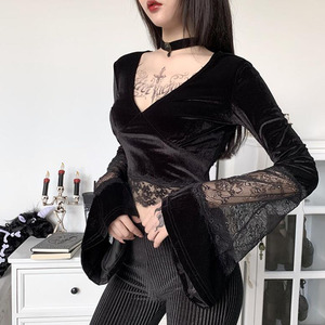 Dark <strong>Goth</strong> Long Sleeve <strong>Tshirt</strong> Women Sexy Lace Patchwork Flare Sleeve V Neck Short Tee Tops Streetwear Black Bottom <strong>Tshirt</strong> - Product Image 3