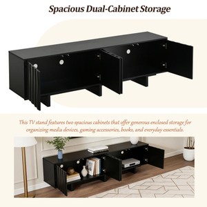 Meuble TV en bois grainé style Mid-Century avec porte ondulée pour téléviseurs 65+ pouces, console multimédia rustique avec espace de rangement, base robuste, meuble de salon - Product Image 3