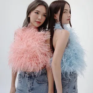 Nuevo Top de Verano Sexy y Sostenible con Plumas de Avestruz, Camisola sin Tirantes, Top Corto para Fiesta, Envoltura de Piel Auténtica para Mujer - Product Image 1