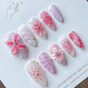 2026 Gran Venta Moda Europea y Americana <span class=keywords><strong>Uñas</strong></span> Postizas Almendra Francesa <span class=keywords><strong>con</strong></span> <span class=keywords><strong>Flores</strong></span> 3D Coloridas Hechas a Mano - Product Image 1