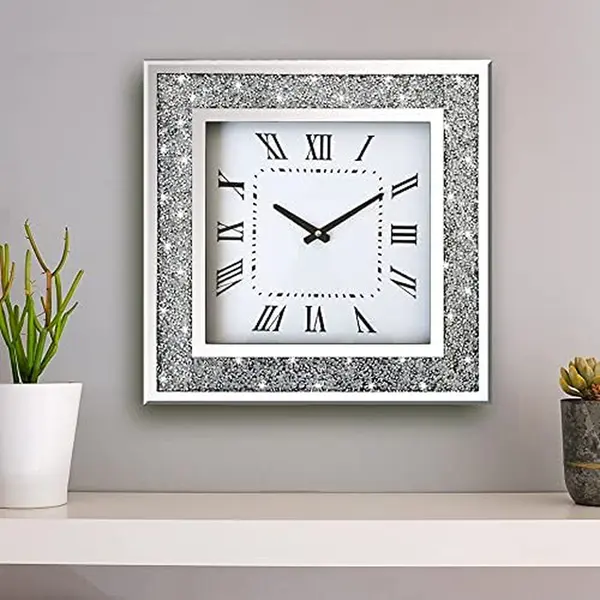 Reloj de pared cuadrado desgastado, con marco de diamante aplastado, de madera MDF, espejo, decorativo de plata para sala de estar