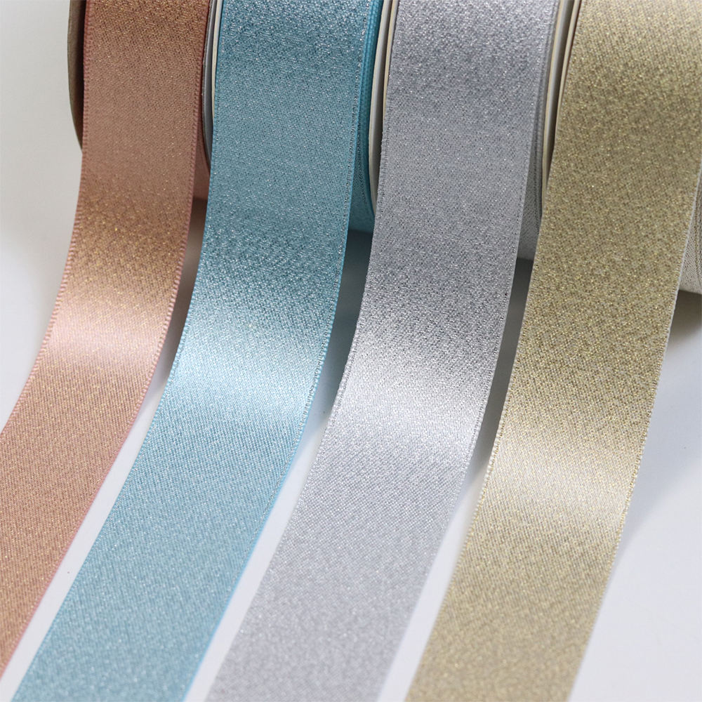 Wholesale Custom Logo Metallic Glitter Satin Ribbon Rose Gold Luster Style Gift Ribbon for Birthday Christmas Decoration