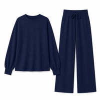 Ensemble tricoté deux pièces bleu marine pour femme : haut à col rond et manches longues, pantalon droit décontracté – Vente en gros