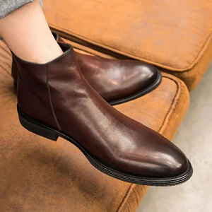 Men's <b>Brown</b> Leather <b>Boots</b> Round Toe Slip-On Office Career Dress Shoes Rubber Outsole All Seasons Solid Color Drop Shipping - Product Image 3