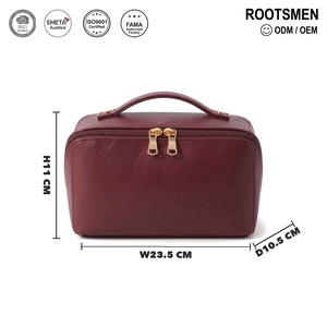 Bolsa de Cosméticos de Cuero PU Color Borgoña, Estuche de Maquillaje con Apertura Plana, Organizador de Maquillaje con Doble Cremallera y Asa, Logotipo Personalizado OEM, para Viaje - Product Image 5