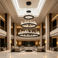 Lustre moderne de luxe à plusieurs niveaux avec anneaux en cristal, cadre noir, grand luminaire suspendu rond pour hall d'hôtel, villa, éclairage d'escalier