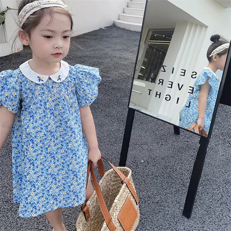 Child Wear Dress Summer Girl Vintage Smock 100% Cotton Doll Collar Fly Sleeve Floral Kids Girl Princess Dress